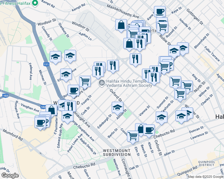 map of restaurants, bars, coffee shops, grocery stores, and more near 2982 Oxford Street in Halifax