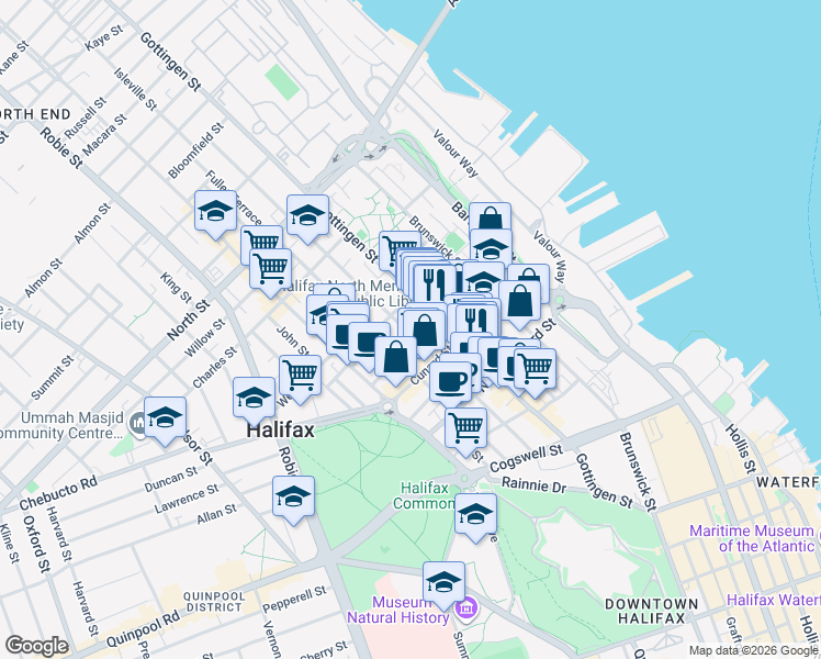 map of restaurants, bars, coffee shops, grocery stores, and more near 2355 Creighton Street in Halifax