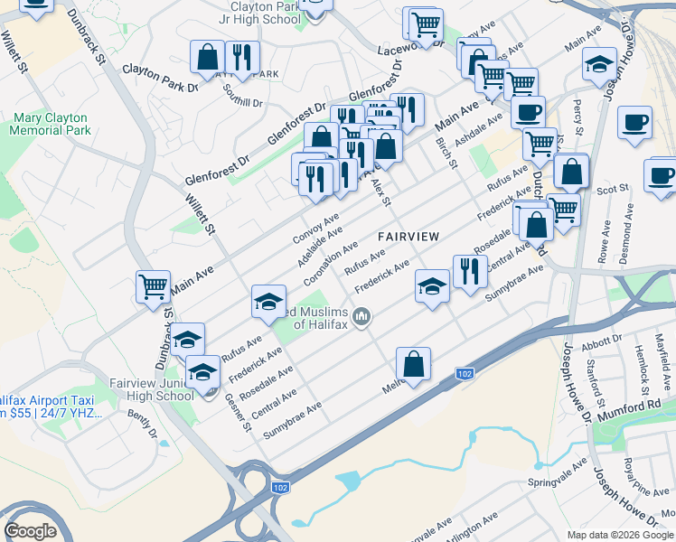 map of restaurants, bars, coffee shops, grocery stores, and more near 112 Coronation Avenue in Halifax