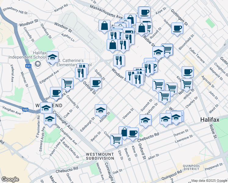 map of restaurants, bars, coffee shops, grocery stores, and more near 2880 Dublin Street in Halifax