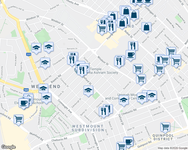 map of restaurants, bars, coffee shops, grocery stores, and more near 6347 London Street in Halifax