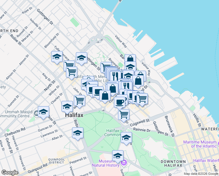 map of restaurants, bars, coffee shops, grocery stores, and more near 2355 Creighton Street in Halifax