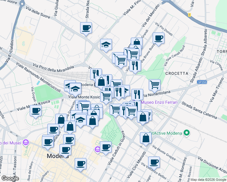 map of restaurants, bars, coffee shops, grocery stores, and more near 37 Viale Guido Mazzoni in Modena