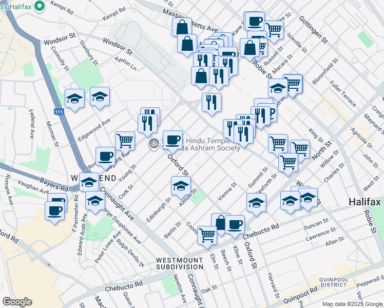 map of restaurants, bars, coffee shops, grocery stores, and more near 6347 London Street in Halifax
