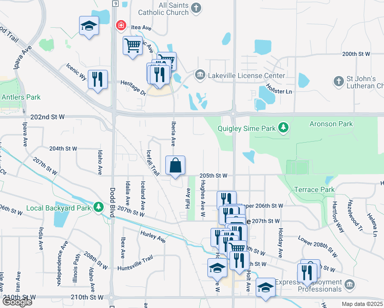 map of restaurants, bars, coffee shops, grocery stores, and more near 7974 210th Street West in Lakeville