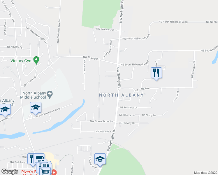 map of restaurants, bars, coffee shops, grocery stores, and more near 1350 Northwest Springhill Drive in Albany
