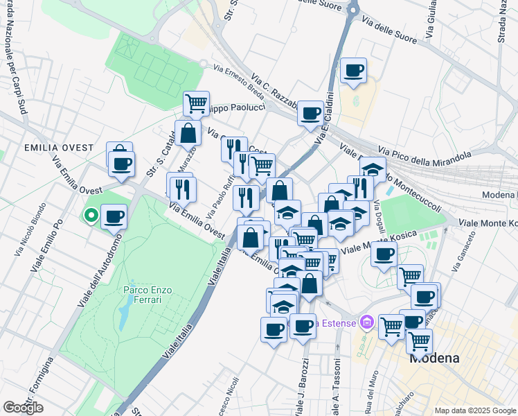 map of restaurants, bars, coffee shops, grocery stores, and more near 214 Via Carlo Zucchi in Modena