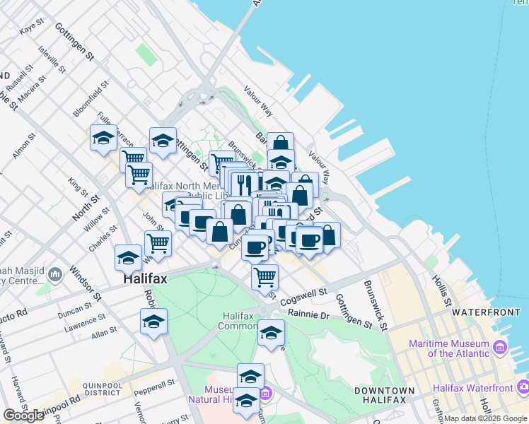 map of restaurants, bars, coffee shops, grocery stores, and more near 2215 Gottingen Street in Halifax