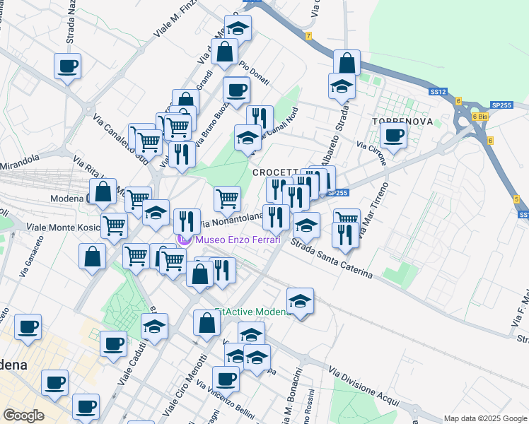 map of restaurants, bars, coffee shops, grocery stores, and more near 342 Via Nonantolana in Modena