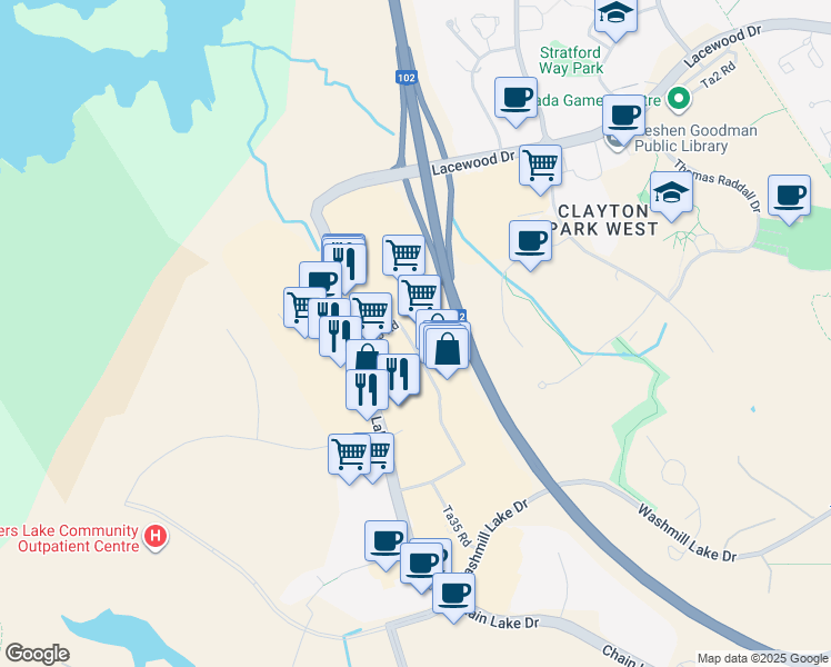 map of restaurants, bars, coffee shops, grocery stores, and more near 210 Chain Lake Drive in Halifax