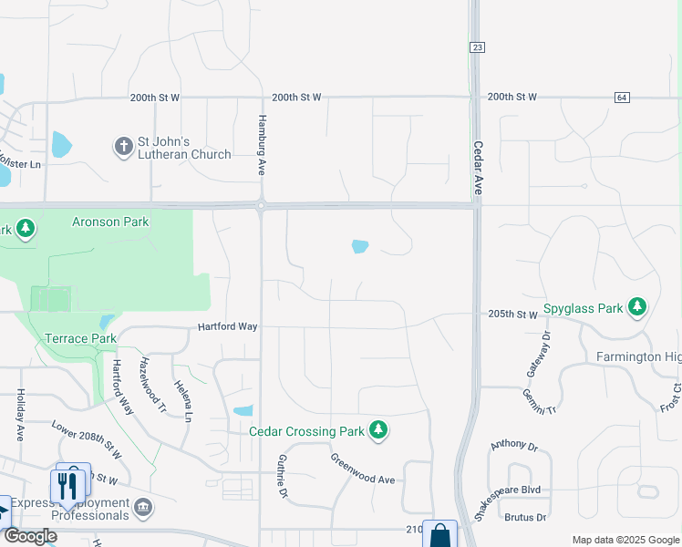 map of restaurants, bars, coffee shops, grocery stores, and more near 20384 Greenwood Avenue in Lakeville