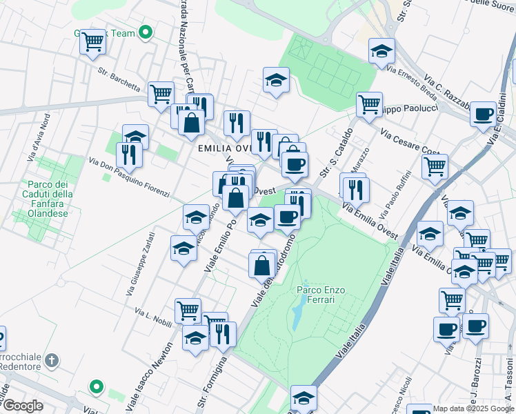 map of restaurants, bars, coffee shops, grocery stores, and more near 81 Via Alfonso Piazza in Modena