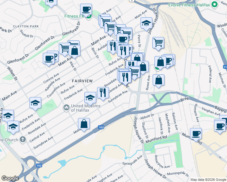 map of restaurants, bars, coffee shops, grocery stores, and more near 18 Central Avenue in Halifax