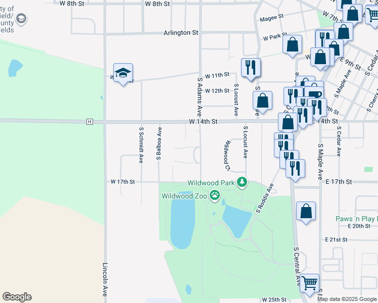 map of restaurants, bars, coffee shops, grocery stores, and more near 1500 South Adams Avenue in Marshfield