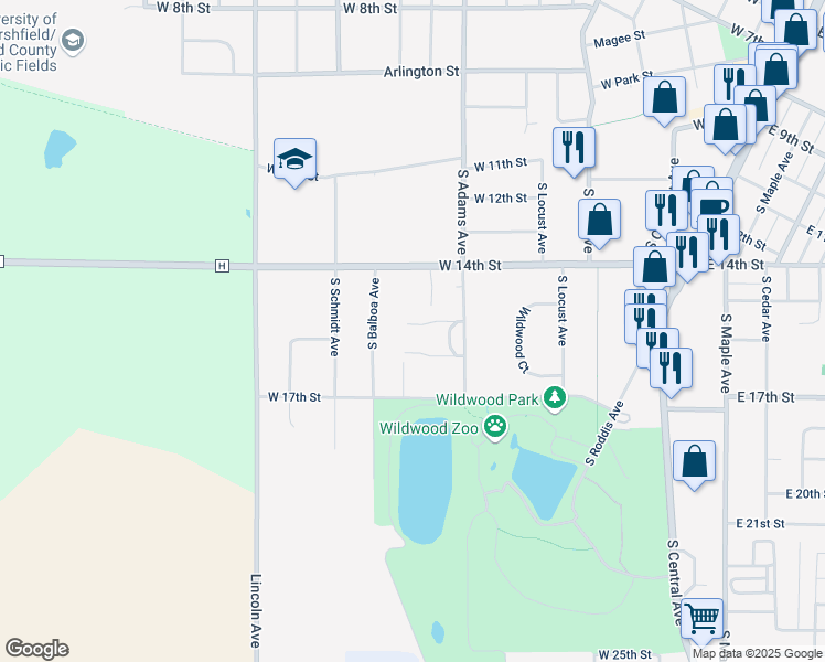 map of restaurants, bars, coffee shops, grocery stores, and more near 1508 South Adams Avenue in Marshfield