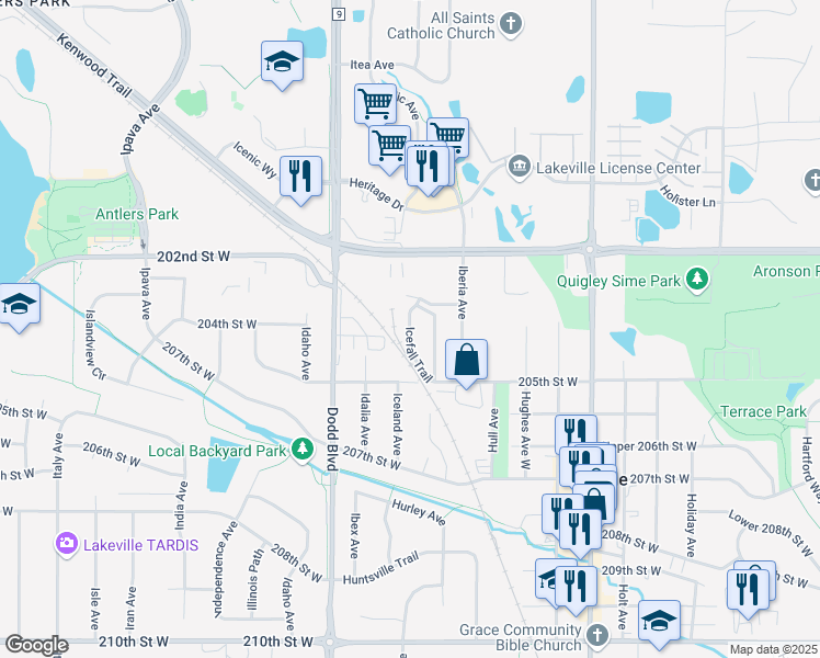 map of restaurants, bars, coffee shops, grocery stores, and more near Icefall Trail in Lakeville