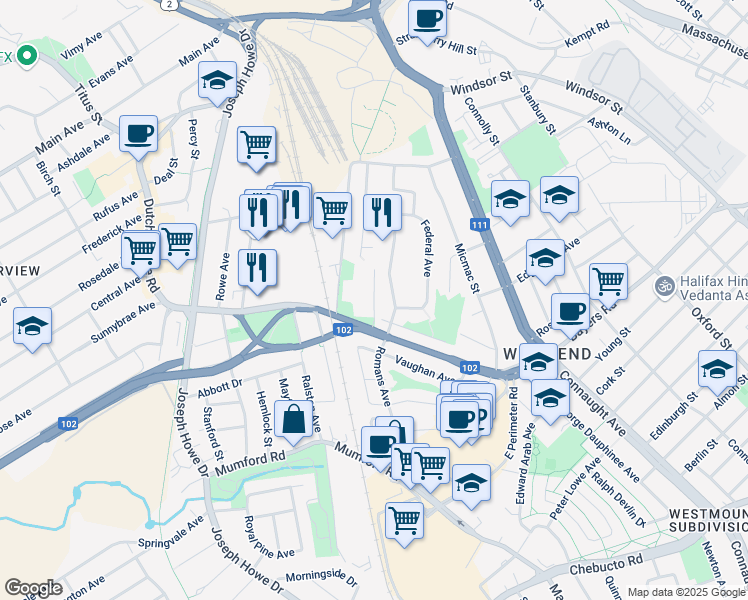 map of restaurants, bars, coffee shops, grocery stores, and more near Barnstead Lane in Halifax