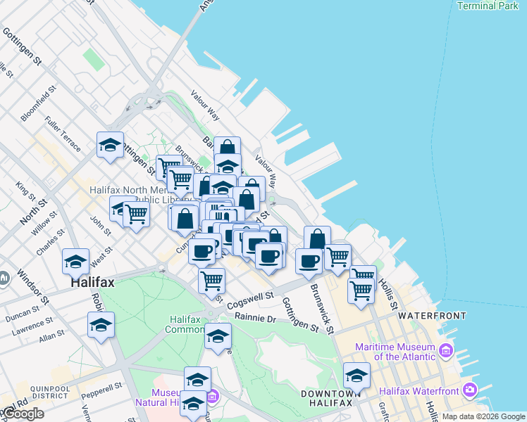 map of restaurants, bars, coffee shops, grocery stores, and more near 5221 Nora Bernard Street in Halifax