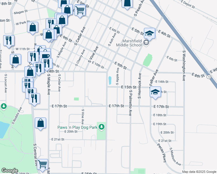 map of restaurants, bars, coffee shops, grocery stores, and more near 714 East 15th Street in Marshfield