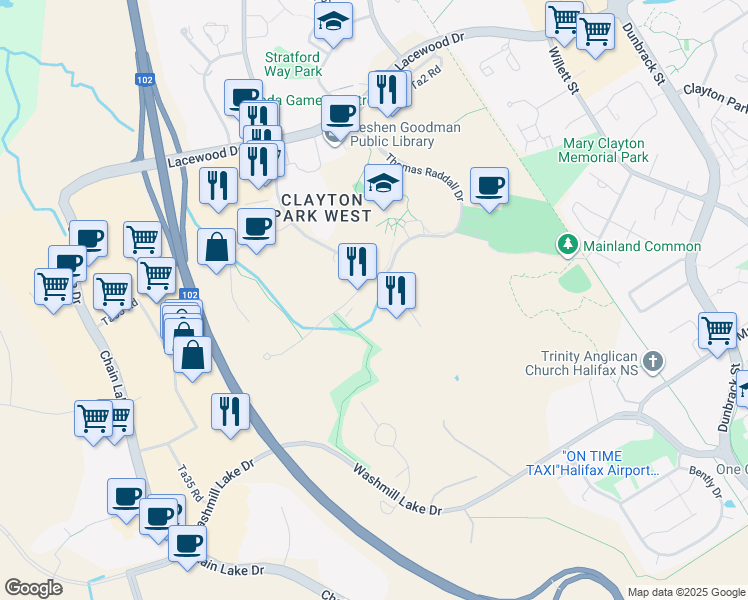 map of restaurants, bars, coffee shops, grocery stores, and more near 28 Greenpark Close in Halifax