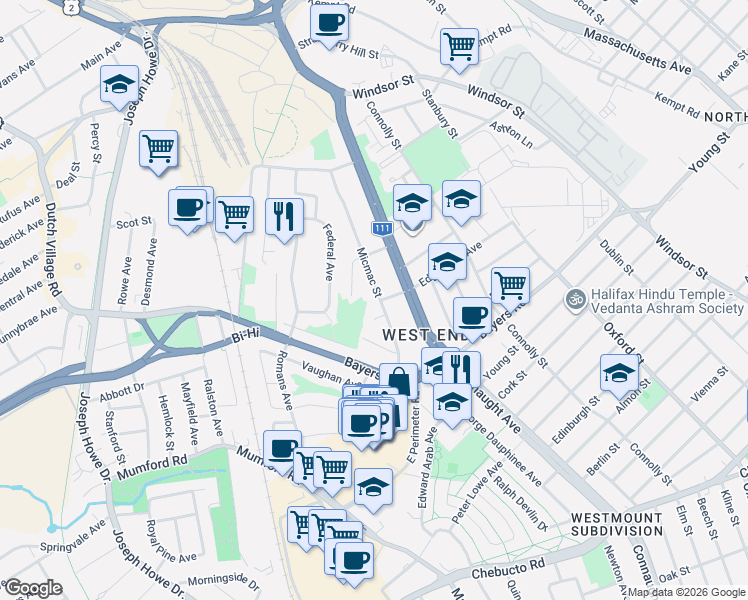map of restaurants, bars, coffee shops, grocery stores, and more near 3244 Micmac Court in Halifax
