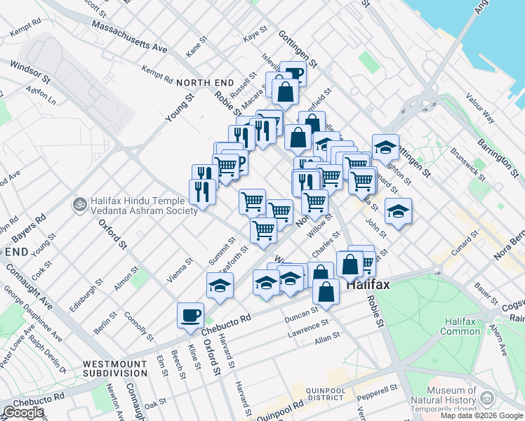 map of restaurants, bars, coffee shops, grocery stores, and more near 2677 Gladstone Street in Halifax