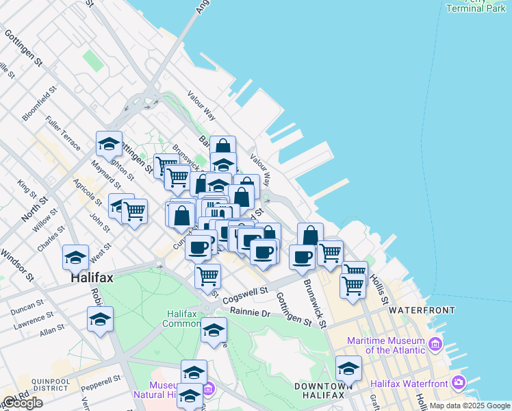 map of restaurants, bars, coffee shops, grocery stores, and more near 5221 Nora Bernard Street in Halifax