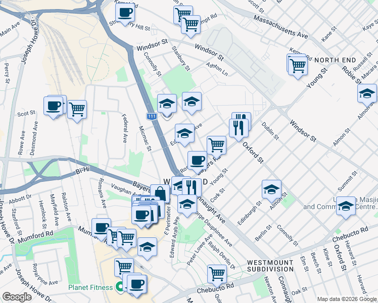 map of restaurants, bars, coffee shops, grocery stores, and more near 3208 Beresford Road in Halifax