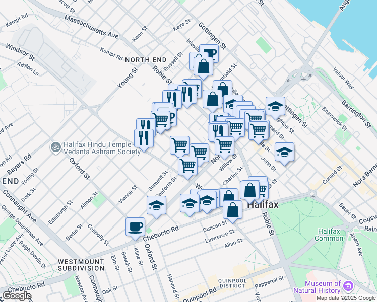 map of restaurants, bars, coffee shops, grocery stores, and more near 2677 Gladstone Street in Halifax