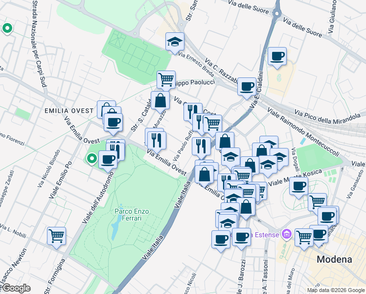 map of restaurants, bars, coffee shops, grocery stores, and more near 1-51 Via Stefano Giovanni Marianini in Modena