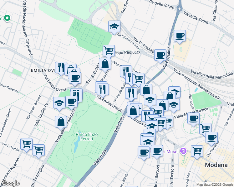 map of restaurants, bars, coffee shops, grocery stores, and more near 320 Via Emilia Ovest in Modena