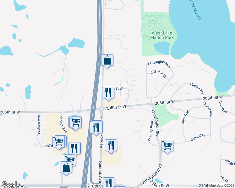 map of restaurants, bars, coffee shops, grocery stores, and more near 11190 204th Street West in Lakeville