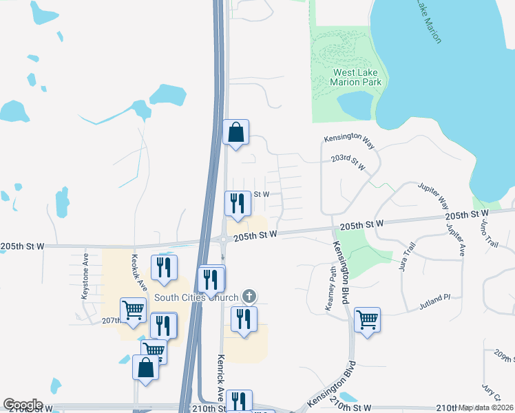 map of restaurants, bars, coffee shops, grocery stores, and more near 11228 204th Street West in Lakeville