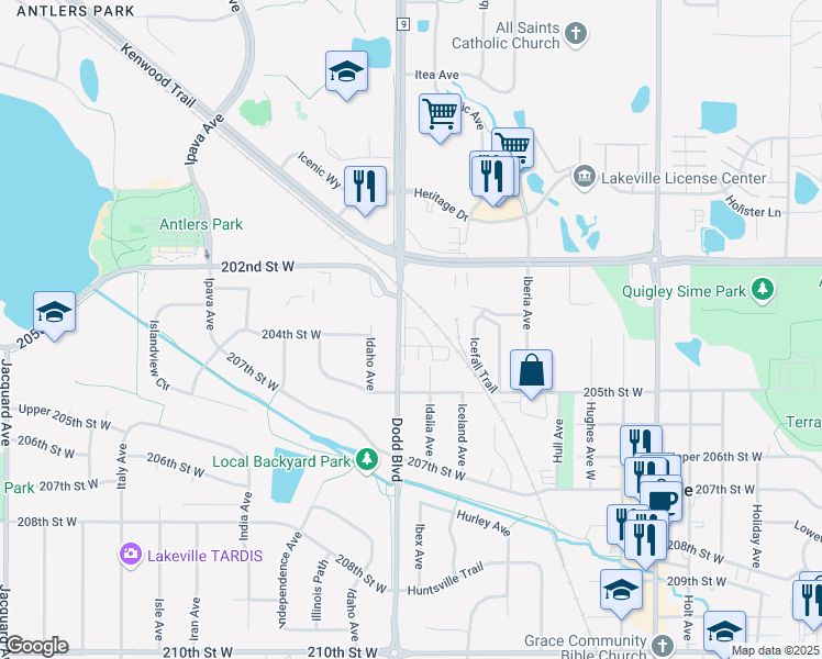 map of restaurants, bars, coffee shops, grocery stores, and more near 20390 Dodd Boulevard in Lakeville