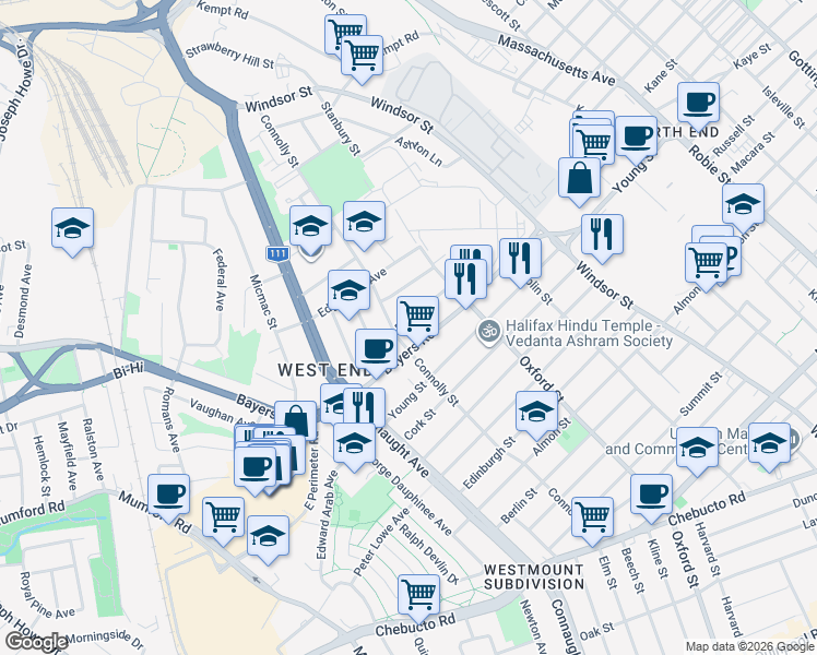 map of restaurants, bars, coffee shops, grocery stores, and more near in Halifax