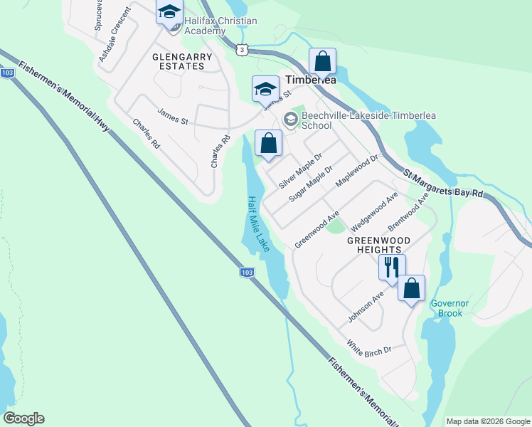 map of restaurants, bars, coffee shops, grocery stores, and more near 4 Red Maple Drive in Timberlea