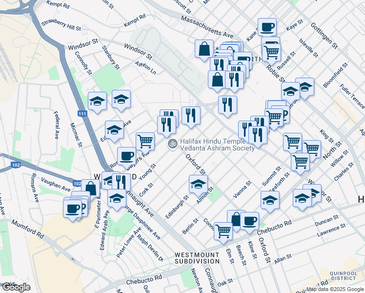 map of restaurants, bars, coffee shops, grocery stores, and more near 3023 Oxford Street in Halifax