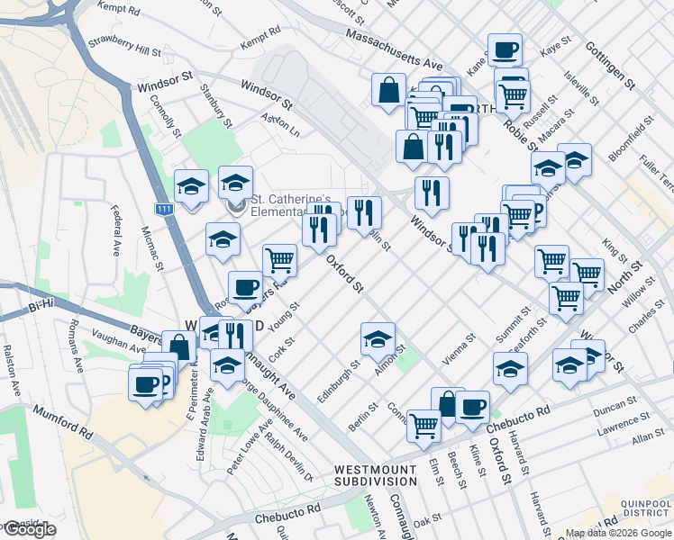 map of restaurants, bars, coffee shops, grocery stores, and more near 3040 Oxford Street in Halifax