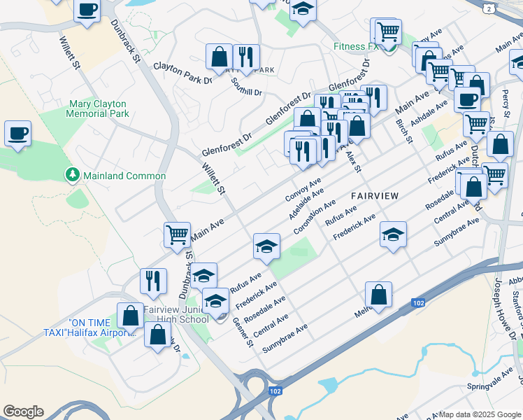 map of restaurants, bars, coffee shops, grocery stores, and more near 61 Convoy Avenue in Halifax