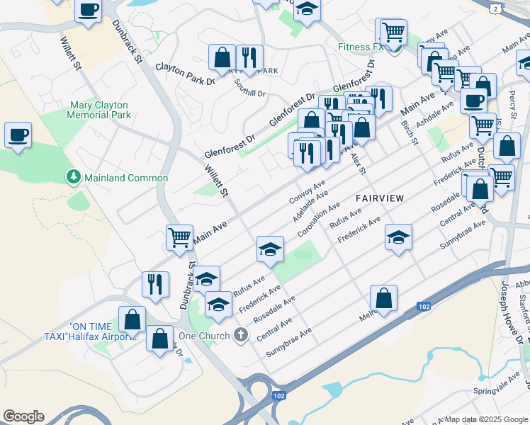 map of restaurants, bars, coffee shops, grocery stores, and more near 61 Convoy Avenue in Halifax