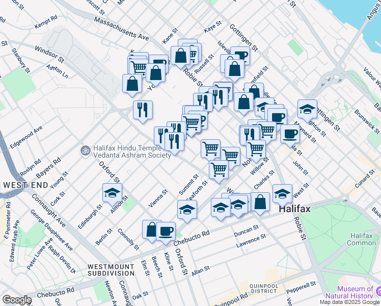 map of restaurants, bars, coffee shops, grocery stores, and more near 2754 Pacific Street in Halifax