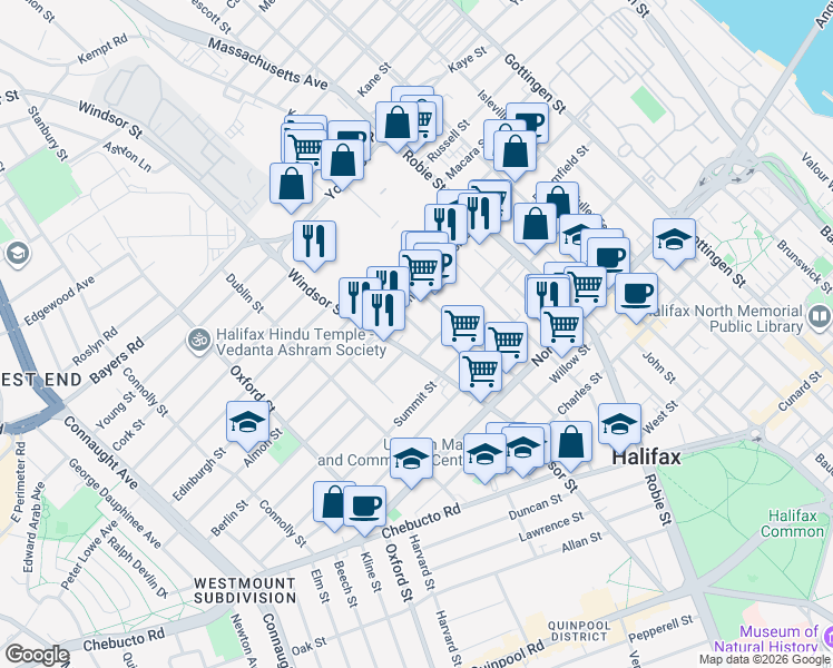 map of restaurants, bars, coffee shops, grocery stores, and more near in Halifax