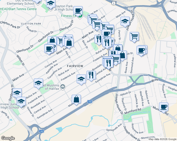 map of restaurants, bars, coffee shops, grocery stores, and more near 46 Rosedale Avenue in Halifax