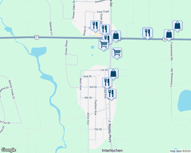 map of restaurants, bars, coffee shops, grocery stores, and more near 2311 Fashion Avenue in Interlochen