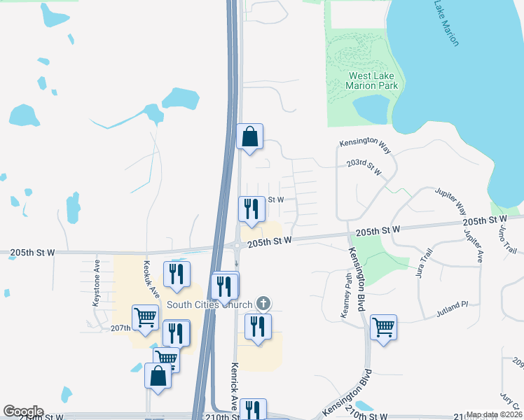 map of restaurants, bars, coffee shops, grocery stores, and more near 11211 205th Street West in Lakeville