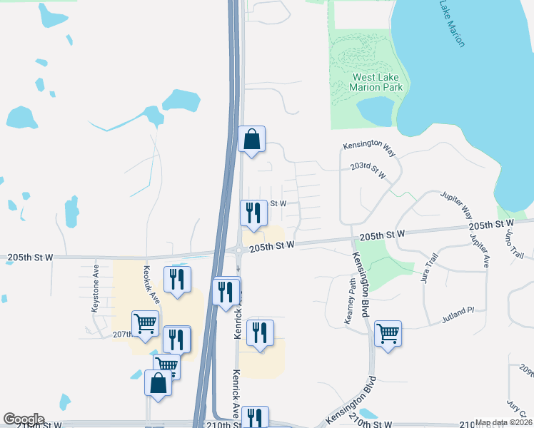 map of restaurants, bars, coffee shops, grocery stores, and more near 11211 205th Street West in Lakeville