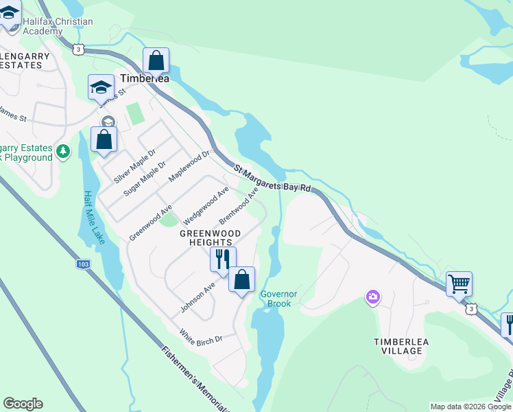 map of restaurants, bars, coffee shops, grocery stores, and more near 5 Rosewood Avenue in Timberlea