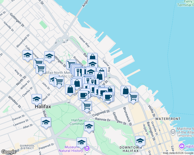map of restaurants, bars, coffee shops, grocery stores, and more near 2267 Brunswick Street in Halifax