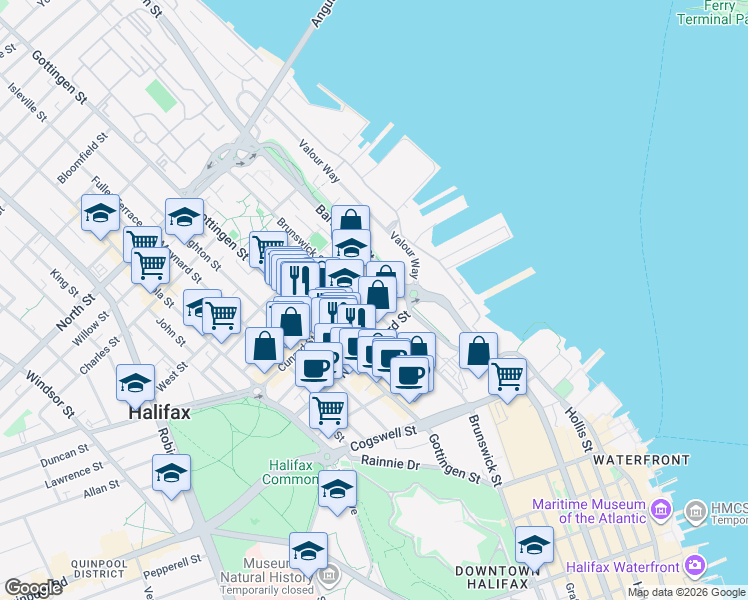map of restaurants, bars, coffee shops, grocery stores, and more near 2267 Brunswick Street in Halifax