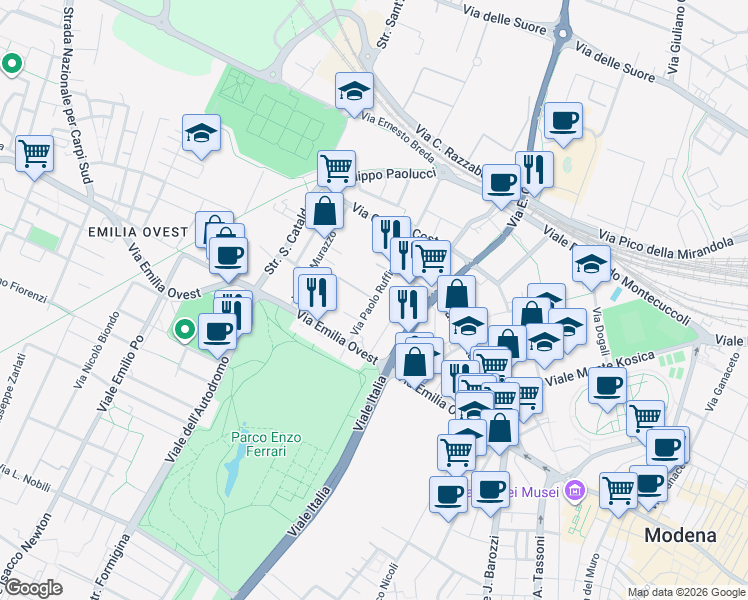 map of restaurants, bars, coffee shops, grocery stores, and more near 103-157 Via Paolo Ruffini in Modena